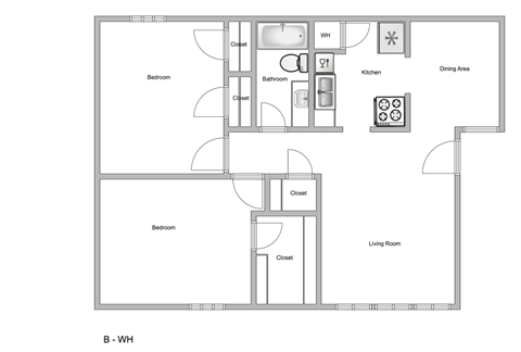 Floor plan for 2 beds, 1 bath, 960 sqft